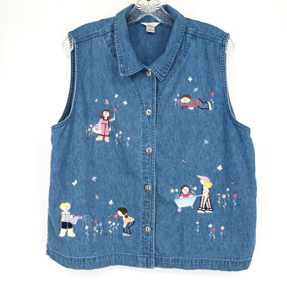 Vintage‎ Christopher & Banks Denim Vest Blue Embroidered Garden Kids Button XL